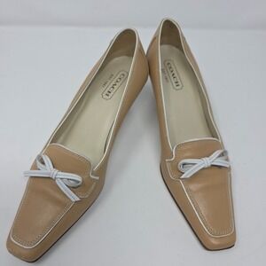 Coach Beige Leather Pointed-Toe Flats with White Bow Accent